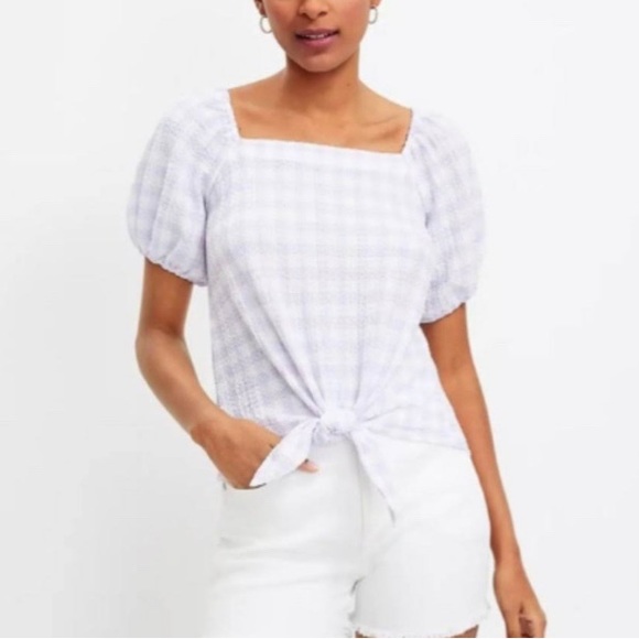LOFT BLOUSE PURPLE LAVENDER CHECKERED PLAID BLOUSE TOP SIZE XS - Picture 2 of 9